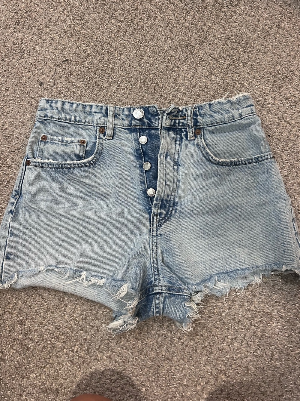 Zara Light Blue Button-Front Distressed Denim Shorts